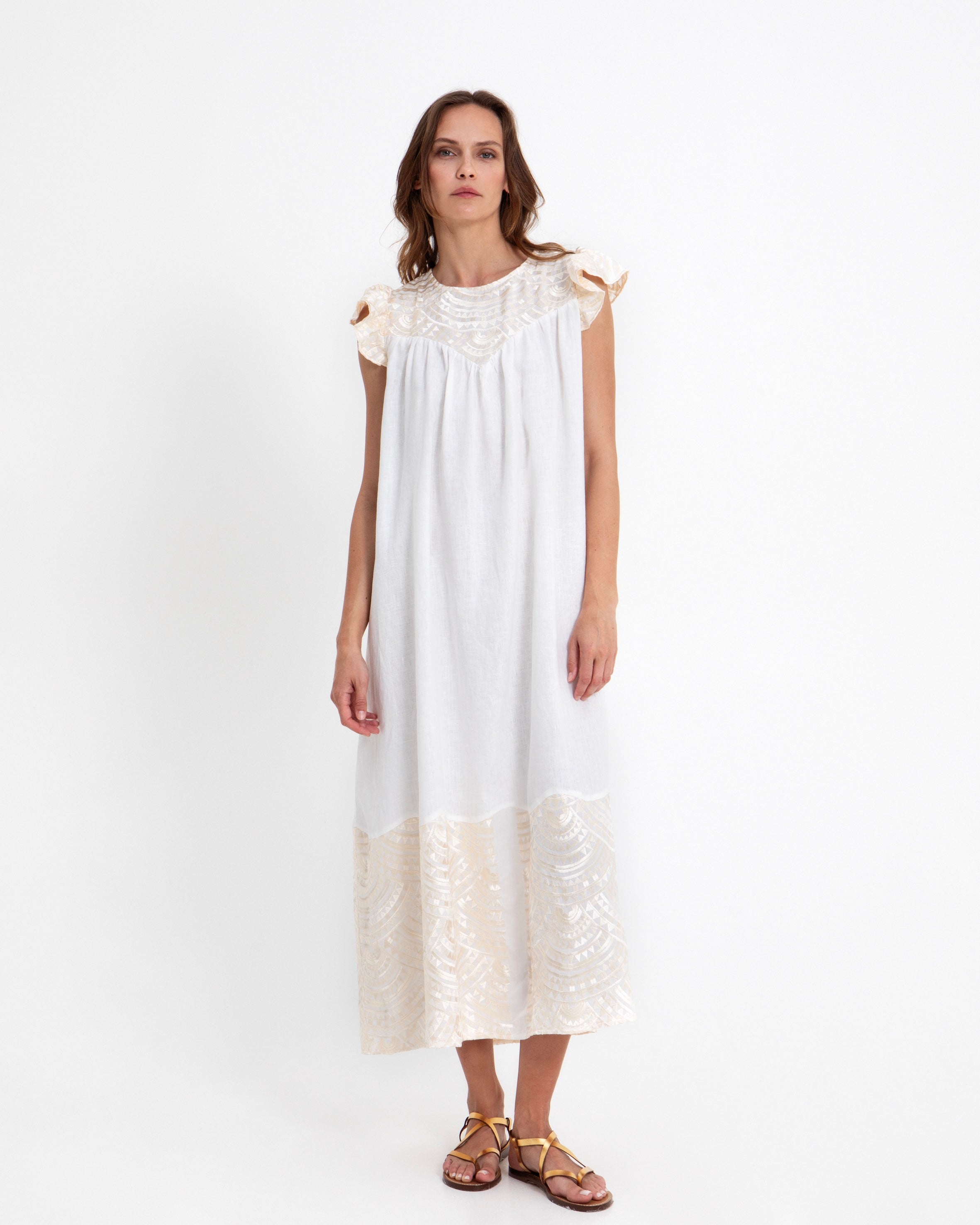 Greek maxi-mekko röyhelöillä, valkoinen