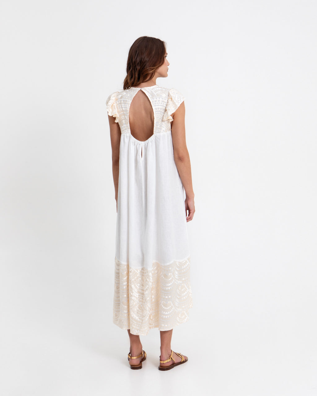 Greek maxi-mekko röyhelöillä, valkoinen
