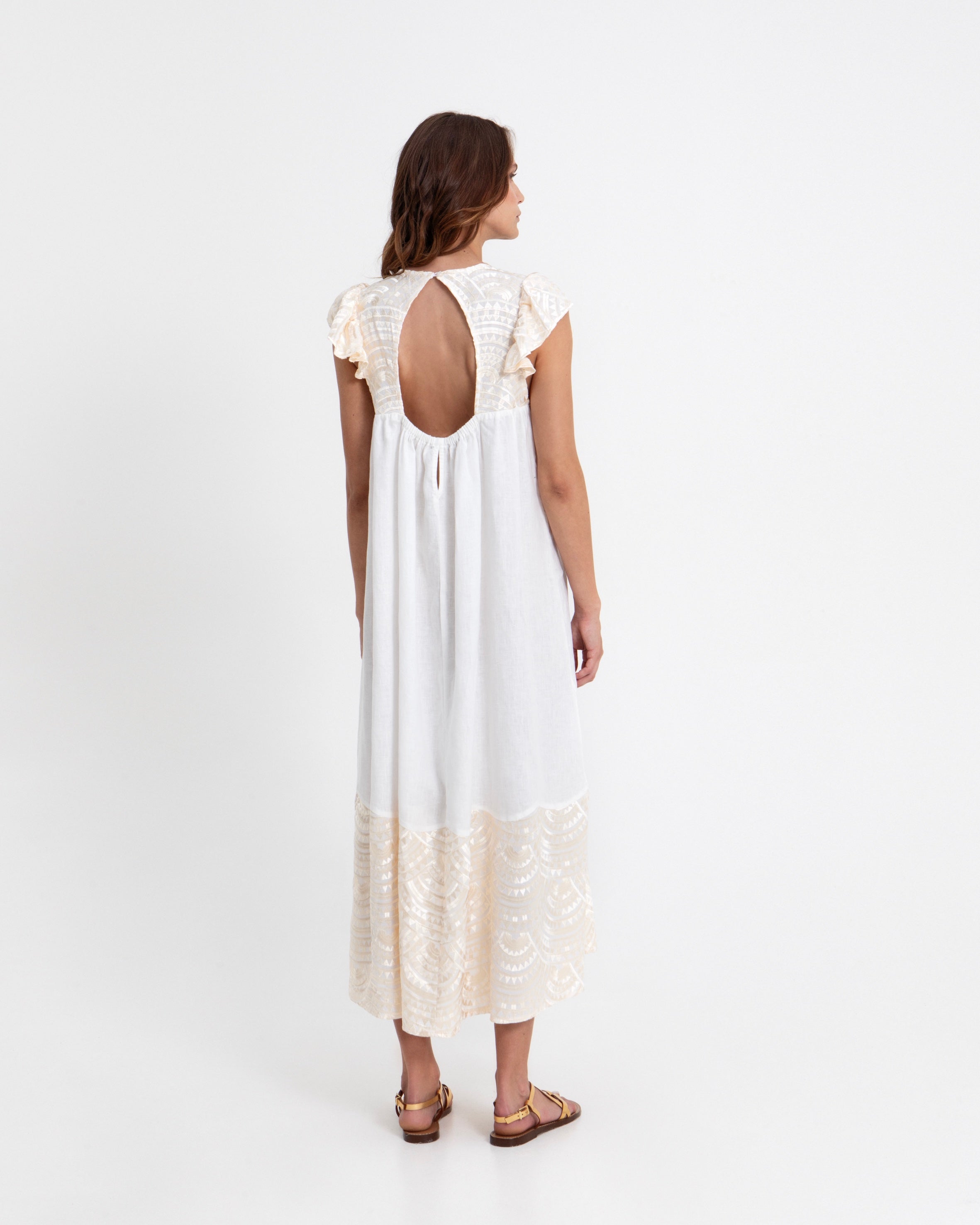Greek maxi-mekko röyhelöillä, valkoinen