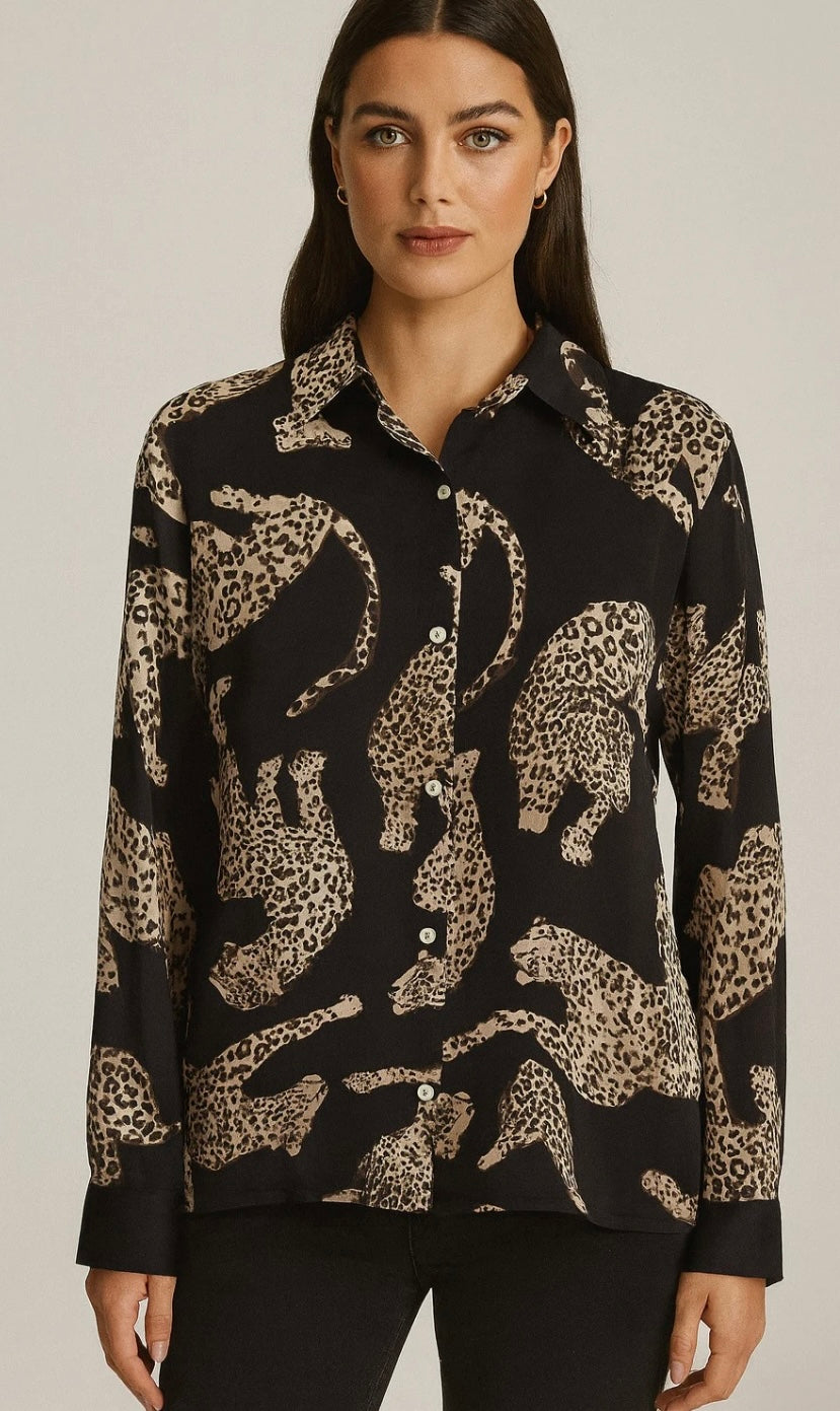 Satiinimainen Pantterikuvioinen kauluspaita, musta