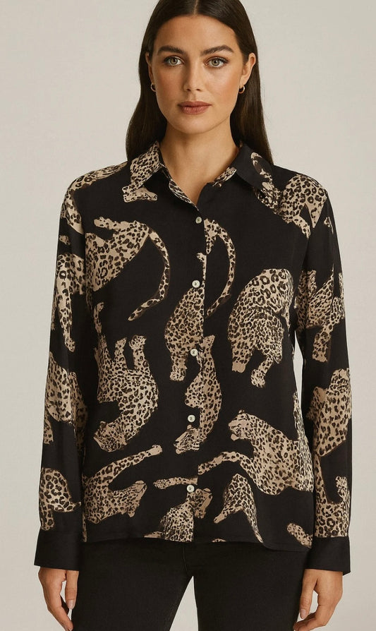 Satiinimainen Pantterikuvioinen kauluspaita, musta